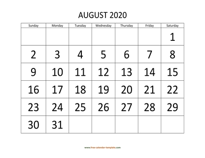 august 2020 calendar bigfont horizontal