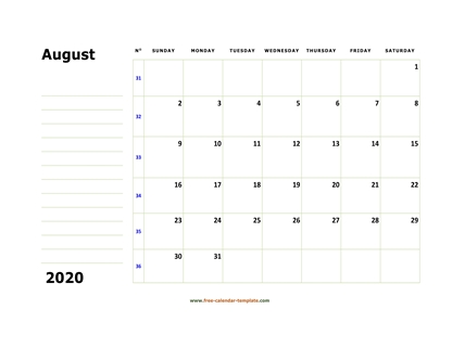 august 2020 calendar boxnotes horizontal