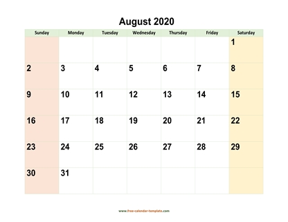 august 2020 calendar colored horizontal