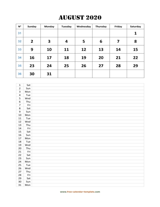 august 2020 calendar daily notes vertical