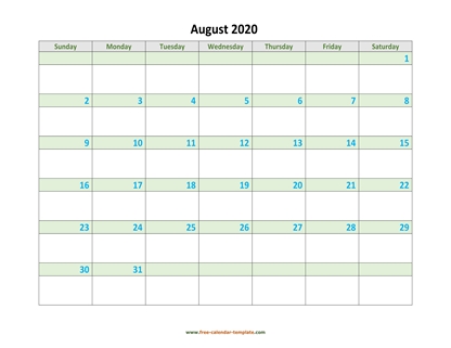 august 2020 calendar daycolored horizontal