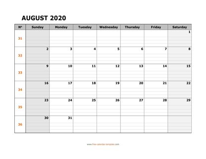 august 2020 calendar daygrid horizontal