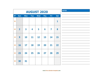 august 2020 calendar largenotes horizontal
