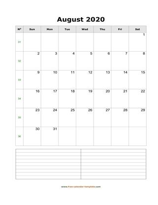august 2020 calendar notes vertical