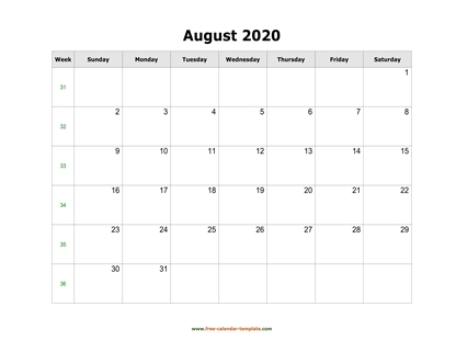 august 2020 calendar simple horizontal