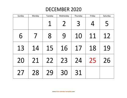 december 2020 calendar bigfont horizontal