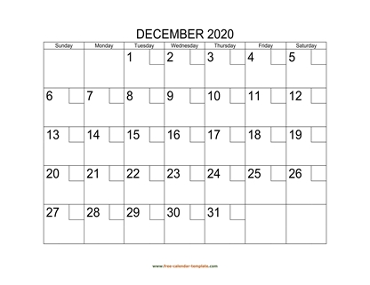 december 2020 calendar checkboxes horizontal