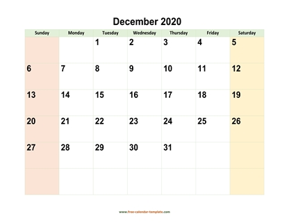december 2020 calendar colored horizontal
