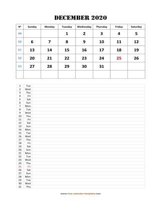 december 2020 calendar daily notes vertical