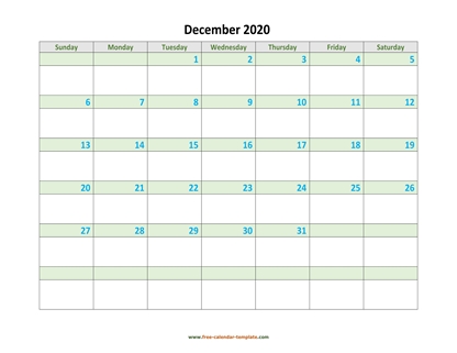 december 2020 calendar daycolored horizontal