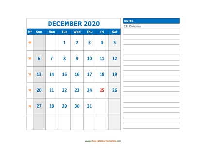 december 2020 calendar largenotes horizontal