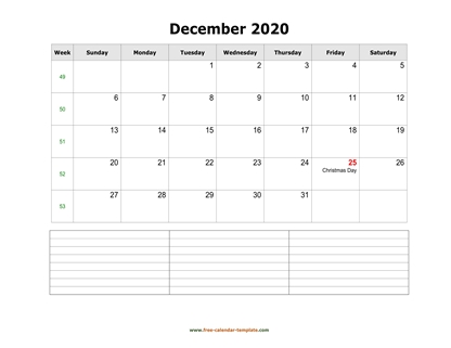 december 2020 calendar notes horizontal