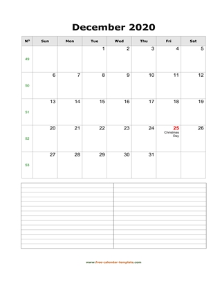 december 2020 calendar notes vertical