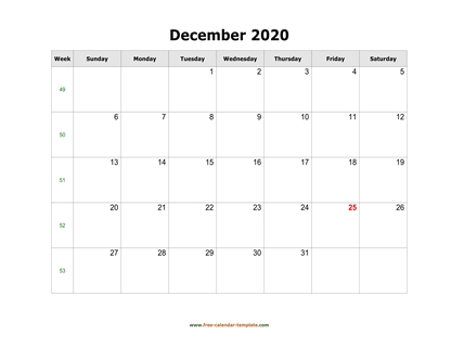 december 2020 calendar simple horizontal