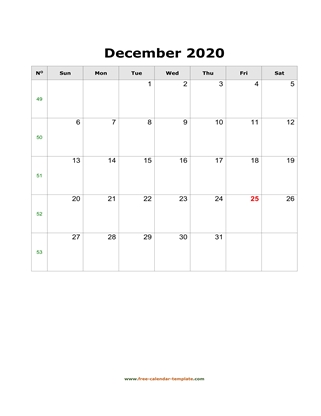 december 2020 calendar simple vertical