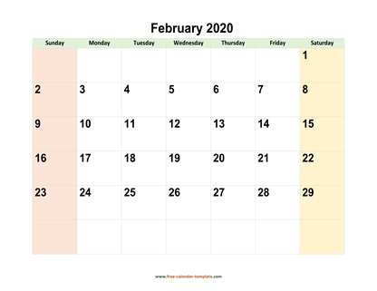 february 2020 calendar colored horizontal