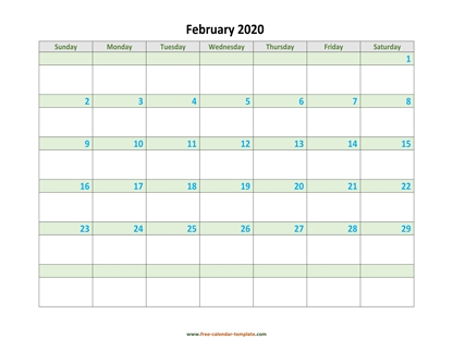 february 2020 calendar daycolored horizontal