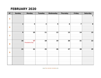february 2020 calendar daygrid horizontal