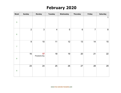 february 2020 calendar holidays horizontal