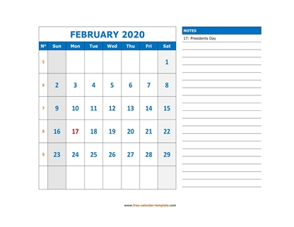 february 2020 calendar largenotes horizontal