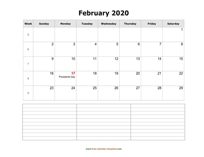 february 2020 calendar notes horizontal