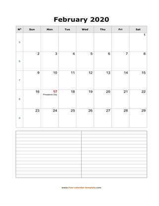 february 2020 calendar notes vertical
