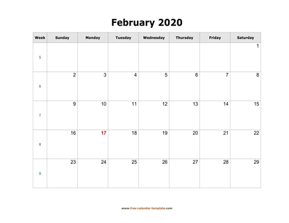 february 2020 calendar simple horizontal