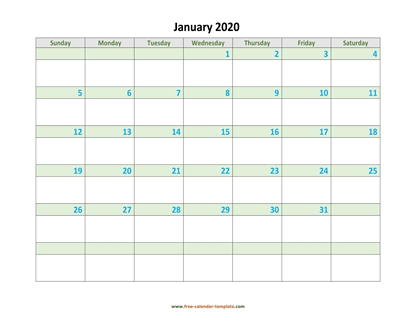 january 2020 calendar daycolored horizontal