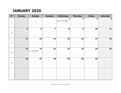 january 2020 calendar daygrid horizontal