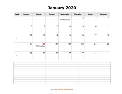 january 2020 calendar notes horizontal