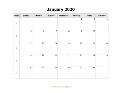 january 2020 calendar simple horizontal