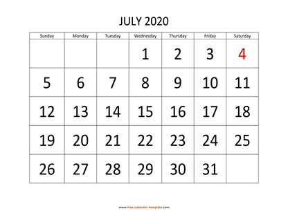 july 2020 calendar bigfont horizontal