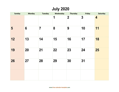 july 2020 calendar colored horizontal