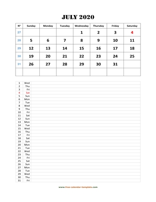july 2020 calendar daily notes vertical