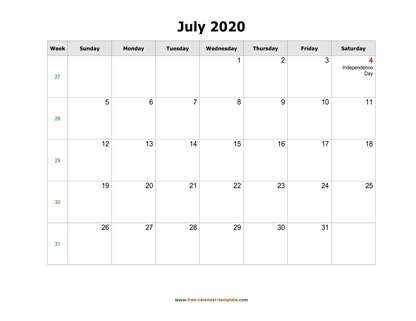 july 2020 calendar holidays horizontal