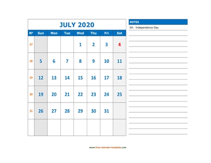 july 2020 calendar largenotes horizontal