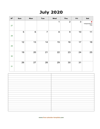 july 2020 calendar notes vertical