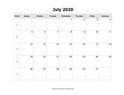 july 2020 calendar simple horizontal