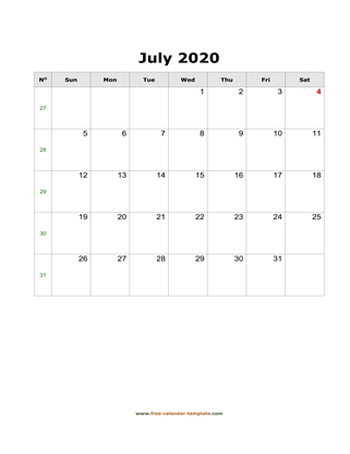 july 2020 calendar simple vertical