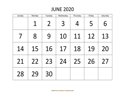 june 2020 calendar bigfont horizontal