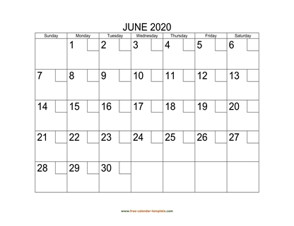 june 2020 calendar checkboxes horizontal