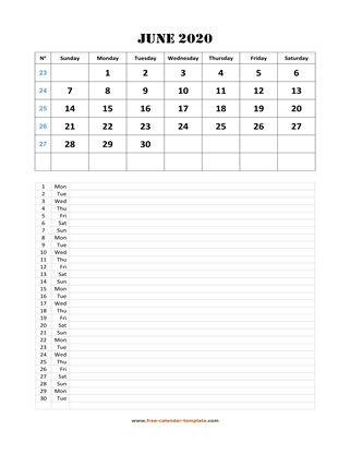 june 2020 calendar daily notes vertical
