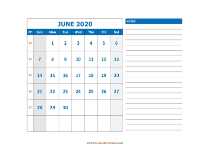 june 2020 calendar largenotes horizontal