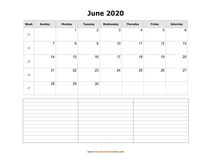 june 2020 calendar notes horizontal