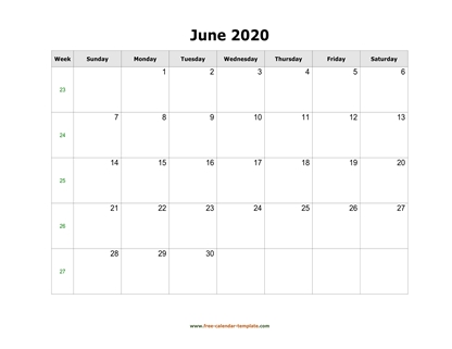 june 2020 calendar simple horizontal