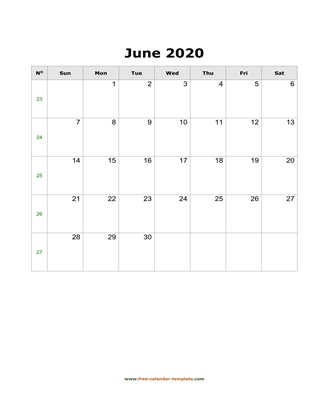 june 2020 calendar simple vertical