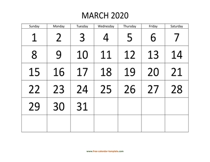 march 2020 calendar bigfont horizontal