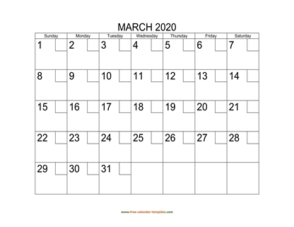 march 2020 calendar checkboxes horizontal