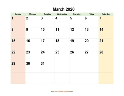 march 2020 calendar colored horizontal