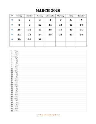 march 2020 calendar daily notes vertical